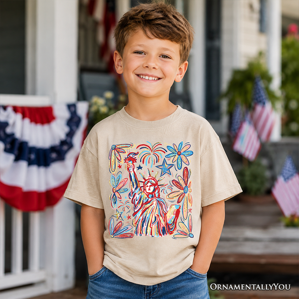 Kids Patriotic Statue of Liberty and Fireworks T-Shirt, Festive 4th of July Youth Tee OrnamentallyYou