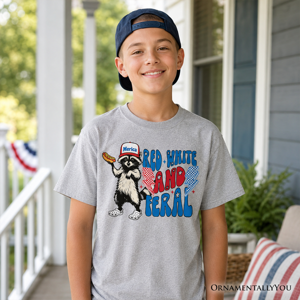 Kids Red, White & Feral Raccoon T-Shirt, Wild Youth Patriot American Tee OrnamentallyYou