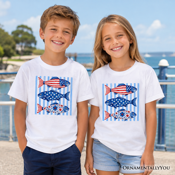 Kids Patriotic Fish Striped T-Shirt, 4th of July Beach Youth Tee OrnamentallyYou
