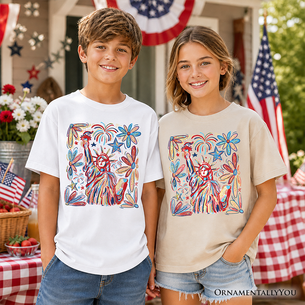Kids Patriotic Statue of Liberty and Fireworks T-Shirt, Festive 4th of July Youth Tee OrnamentallyYou
