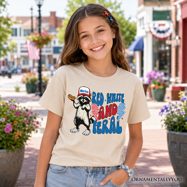 Kids Red, White & Feral Raccoon T-Shirt, Wild Youth Patriot American Tee OrnamentallyYou