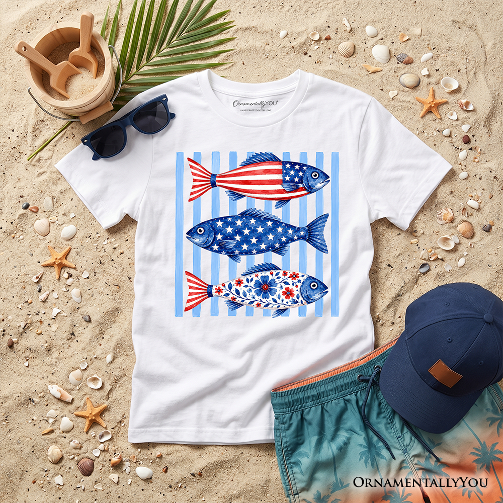 Kids Patriotic Fish Striped T-Shirt, 4th of July Beach Youth Tee OrnamentallyYou