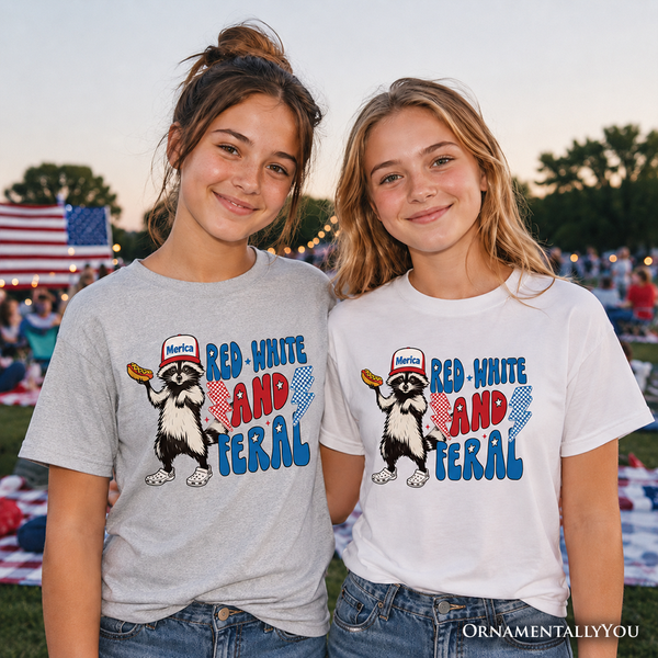 Kids Red, White & Feral Raccoon T-Shirt, Wild Youth Patriot American Tee OrnamentallyYou