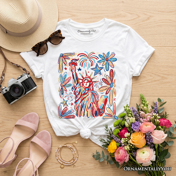 Kids Patriotic Statue of Liberty and Fireworks T-Shirt, Festive 4th of July Youth Tee OrnamentallyYou