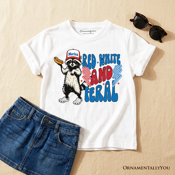 Kids Red, White & Feral Raccoon T-Shirt, Wild Youth Patriot American Tee OrnamentallyYou