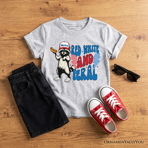 Kids Red, White & Feral Raccoon T-Shirt, Wild Youth Patriot American Tee OrnamentallyYou