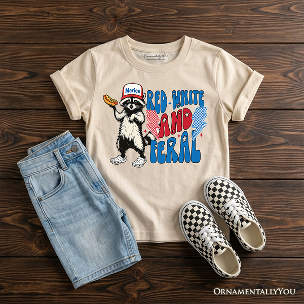 Kids Red, White & Feral Raccoon T-Shirt, Wild Youth Patriot American Tee OrnamentallyYou