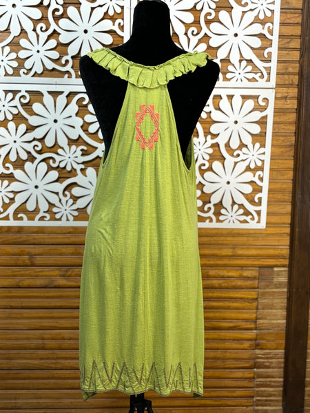 Green racer back dress with embroidery