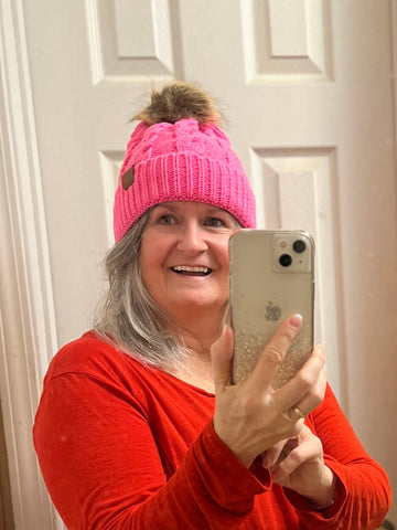 Winter Solid Color Cable Knitted Pom Pom Beanie Hat-pink