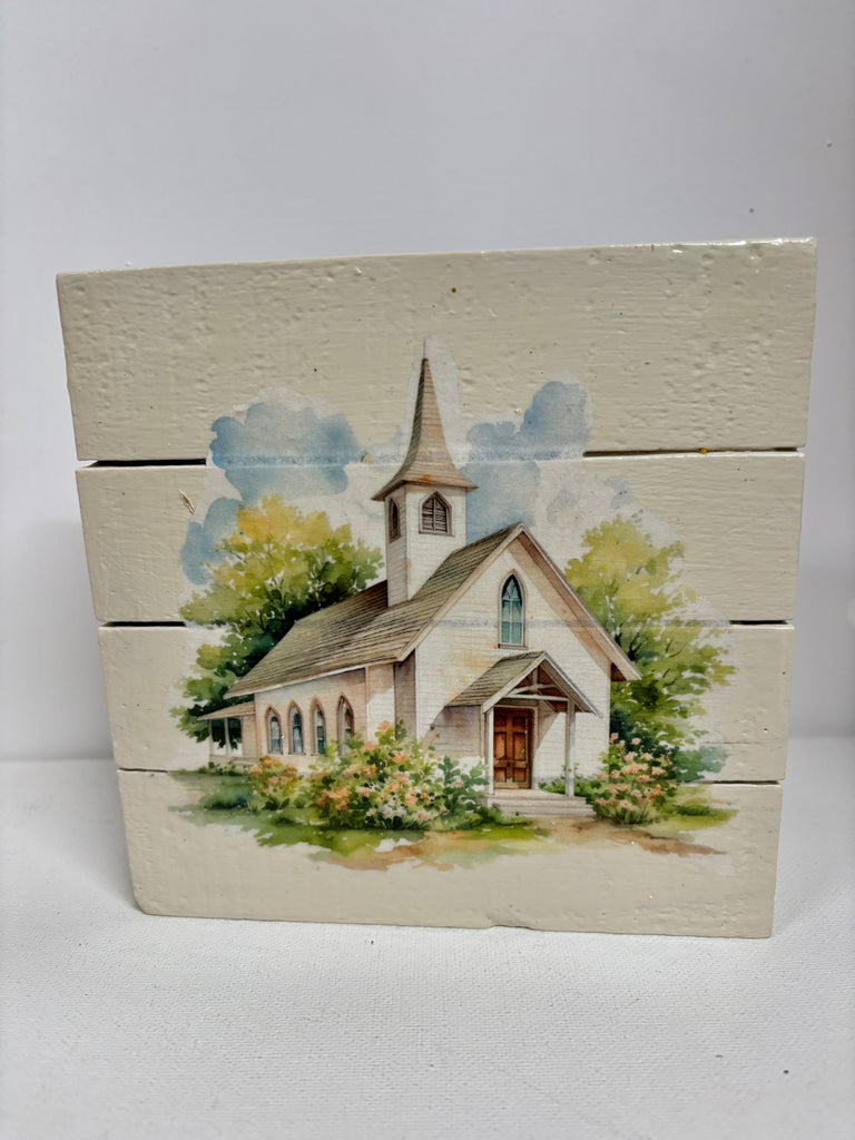 Wood 6"x6" Block w/Church Scene