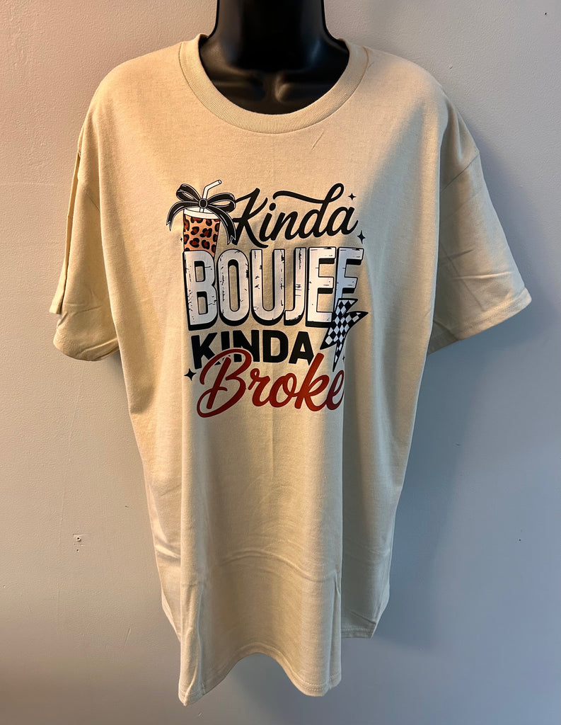 Kinda Boujee Kinda Broke T-Shirt - Funny Tan Graphic Tee by Gildan