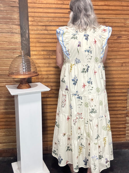 Cream Floral Midi Dress with Light Blue Trim | Feminine Boho Style Landon Ramsey-Maria Briones