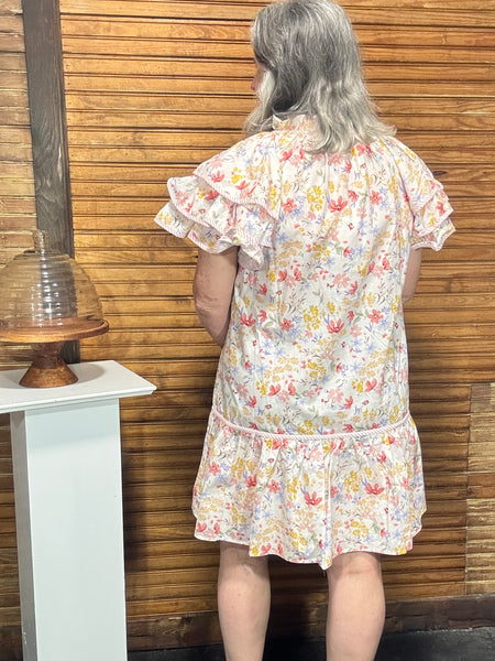 Umgee Floral/blue/pink ruffled neck/layered sleeve w/stripe pink/white trim dress Landon Ramsey-Maria Briones