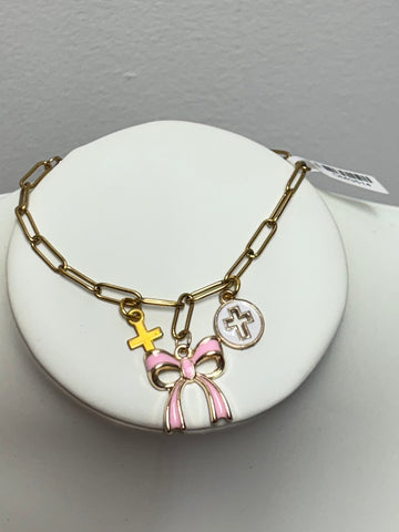 Gold Charm Bracelet 4" | Pink Bow Cross Charms Faith Jewelry Gift for Girls OhhMy! Gifts and Things, LLC