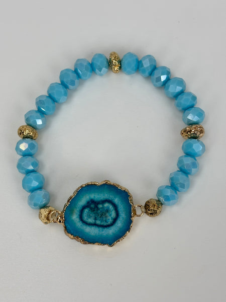 Agate Stone Bracelets-Blue gold trim light blue beads with sold nuggets