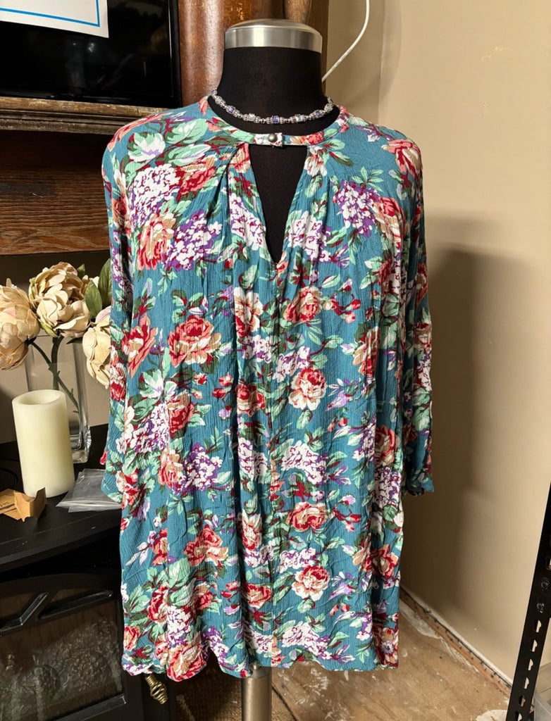 Umgee Teal Floral Keyhole Trapeze Tunic Mini Dress Size Small Boho Flowy