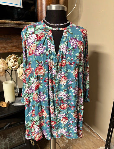 Umgee Teal Floral Keyhole Trapeze Tunic Mini Dress Size Small Boho Flowy