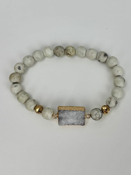 Agate Stone Bracelets-White trim gold white beads