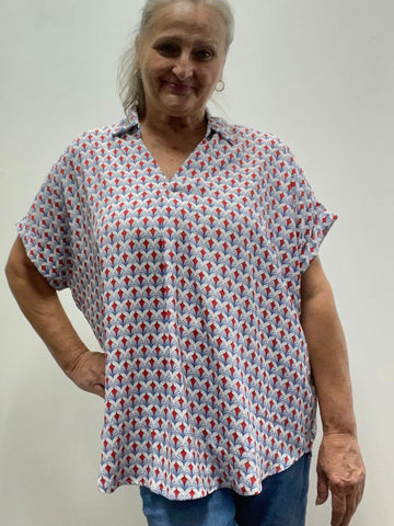 She & Sky Patterned Red & Blue-Collar Shirt Brittany Wilson