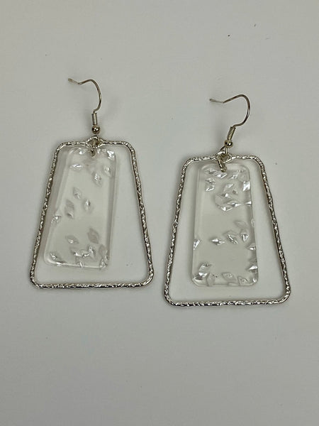 Acrylic Collection Earrings-Silver Square w clear middle 