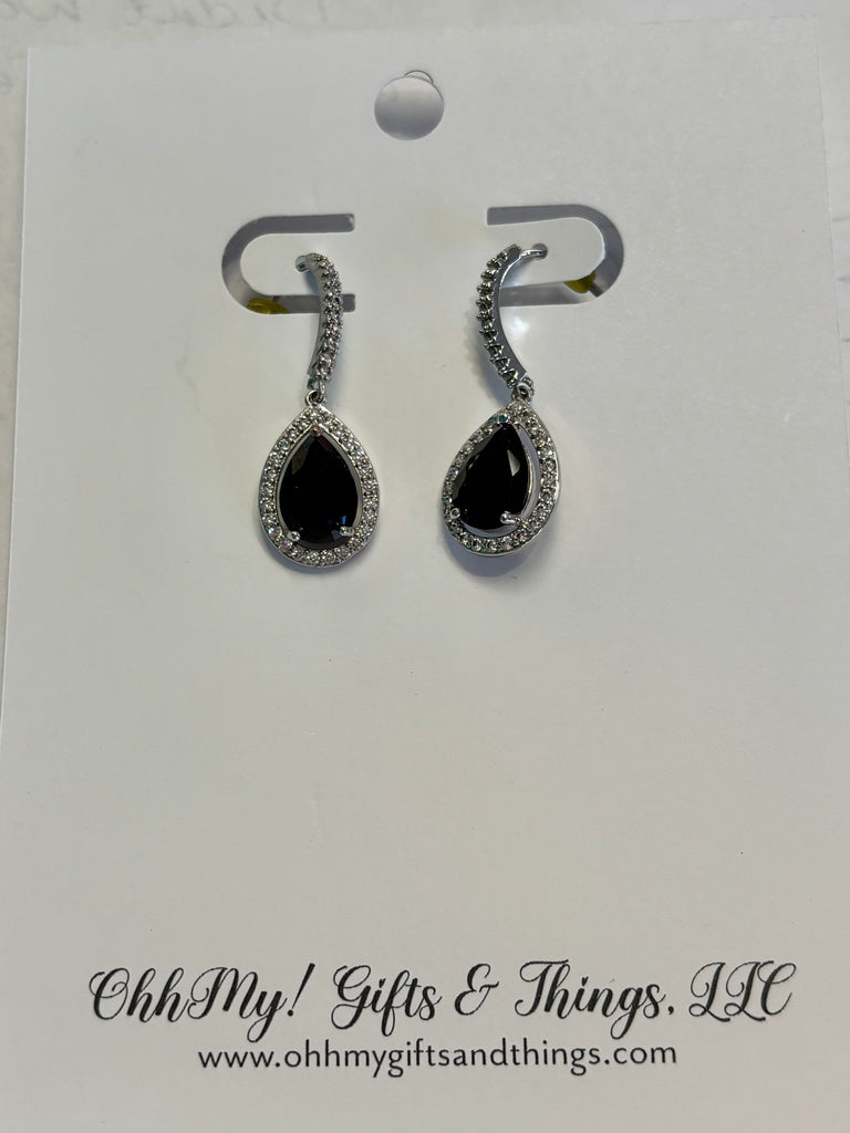 Cubic Zirconia Drop Earrings with Black Stone Accent