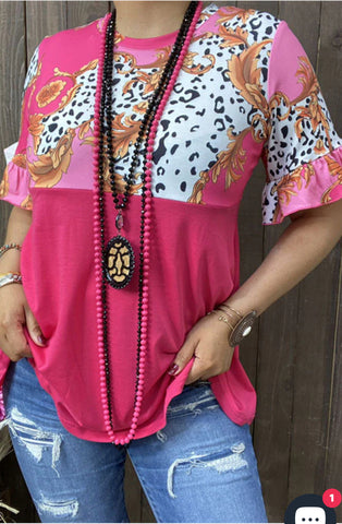 Pink and leopard print ruffle sleeve top