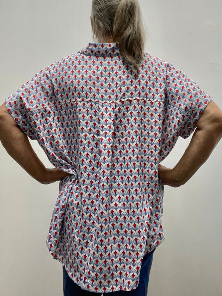 She & Sky Patterned Red & Blue-Collar Shirt Brittany Wilson