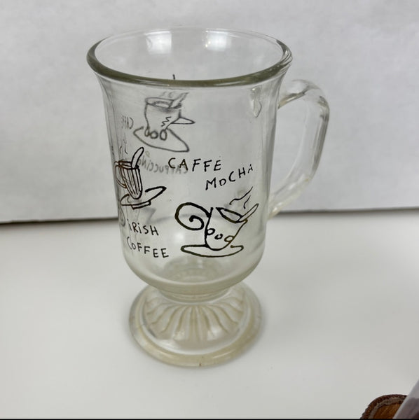 Set of 2-Anchor Hocking Irish Coffee Latte Footed Pedestal Clear Glass Mugs with gold lettering OhhMy! Gifts and Things, LLC