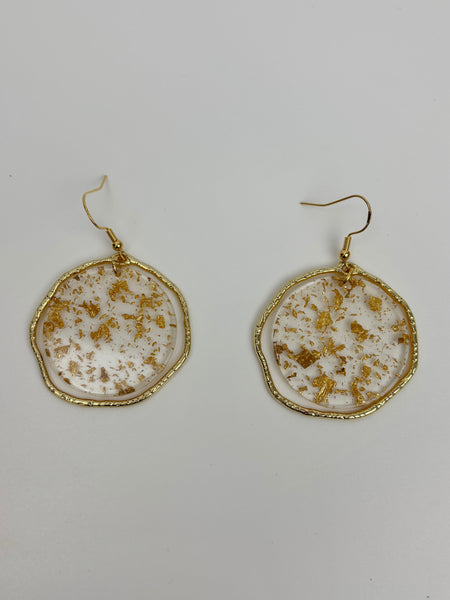 Acrylic Collection Earrings-Round gold with clear middle chips of gold 