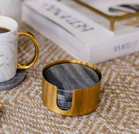 4"Round Black Marble coasters w/gold Holder Brittany Wilson