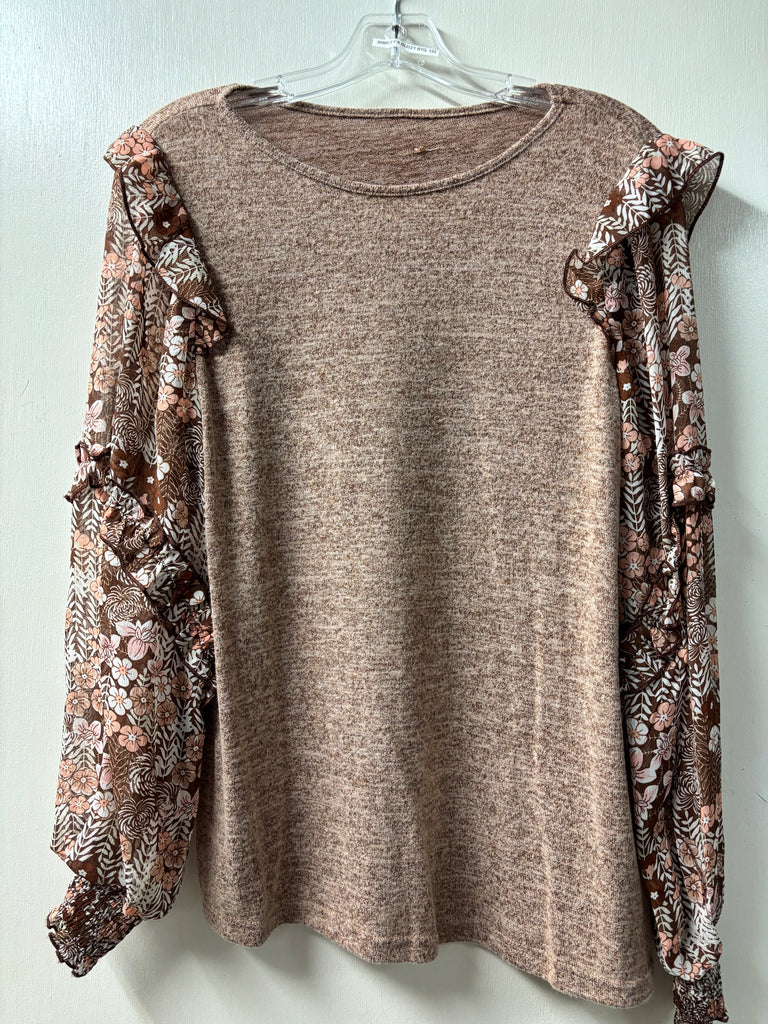 Khaki Sheer Floral Long Sleeve Top OhhMy! Gifts and Things, LLC
