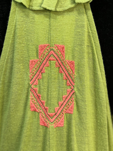 Green racer back dress with embroidery