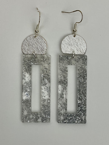 Acrylic Collection Earrings-Silver chips in open square