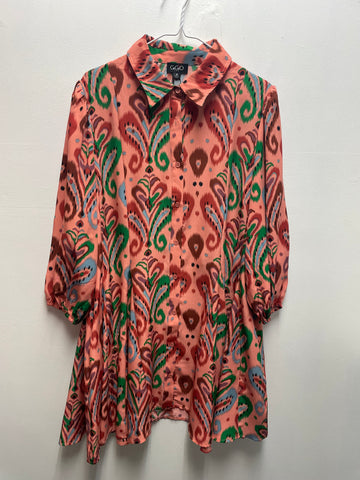 "GigiO peach button-down dress with green accents and sleeves, women's casual spring summer dress