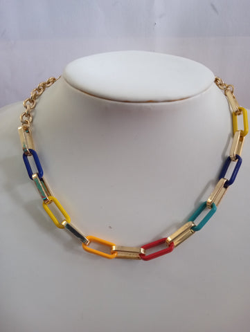Gold Multicolor clip Necklace/yellow/blue/red/orange w/gold/yellow earrings