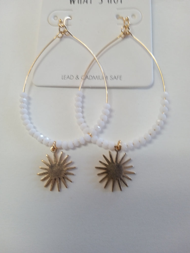 Gold Teardrop Dangle Earrings with White Beads & Gold Star Pendant