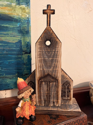 Hand Crafted 13"x8 1/2" Wood Burned Detailed Church