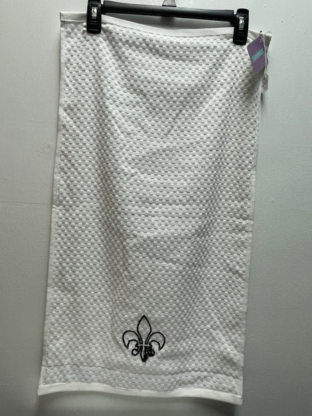 "Handmade 28x15 inch white waffle weave kitchen towel by Jody Martin, absorbent cotton dish towel for drying and cleaning"/w gold/black print