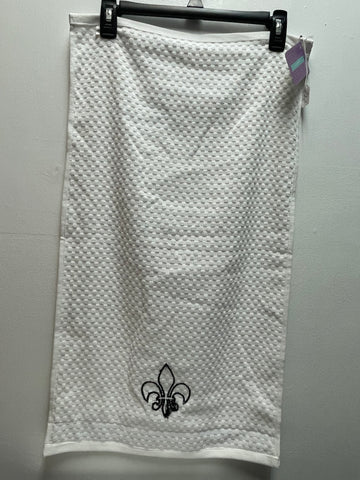 "Handmade 28x15 inch white waffle weave kitchen towel by Jody Martin, absorbent cotton dish towel for drying and cleaning"/w gold/black print