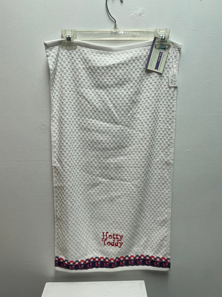 "Handmade 28x15 inch white waffle weave kitchen towel by Jody Martin, absorbent cotton dish towel for drying and cleaning"/red white blue print