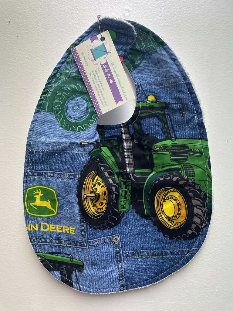 "Handmade baby bibs by Jody Martin, soft cotton infant feeding bibs with absorbent fabric for boys and girls"-blue/green/tractor-large 