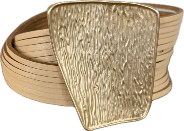 Tan leather wrap bracelet with a hammered gold plate and magnetic clasp.