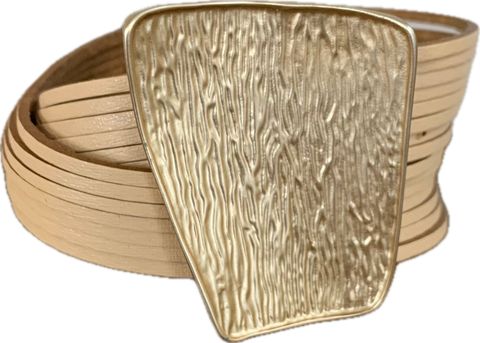 Tan leather wrap bracelet with a hammered gold plate and magnetic clasp.