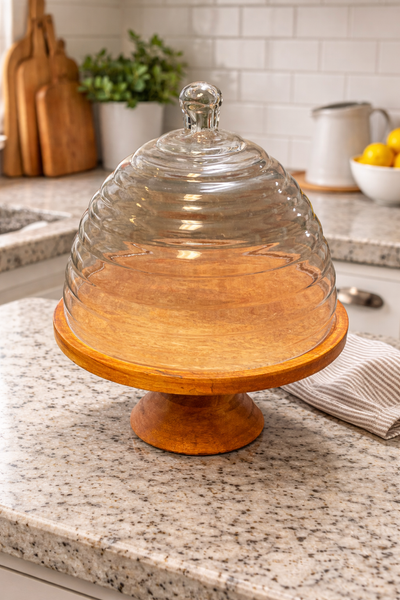 13"Tx10" round Glass Honey Hive Cloche with wood stand Amanda Queen