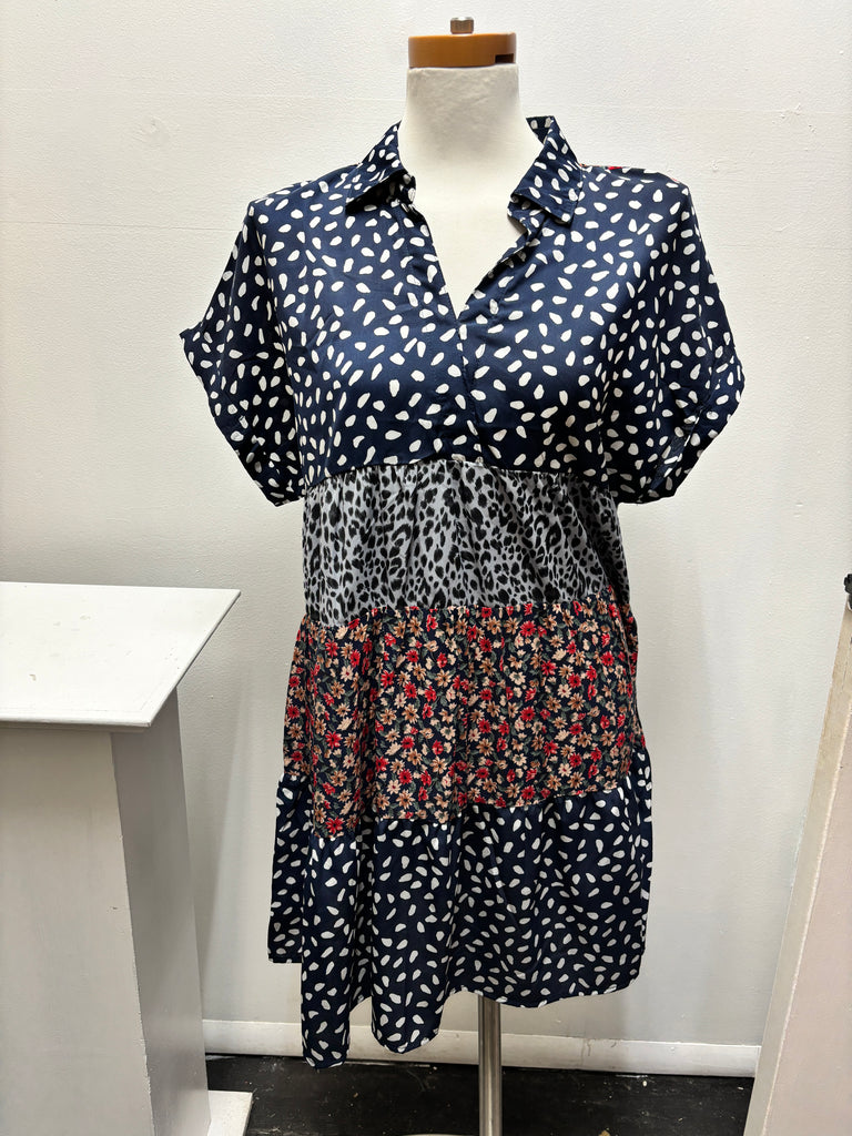 Navy multi-print Umgee USA tiered babydoll dress with a v-neckline and short sleeves -Pre-Loved Kay Kayla
