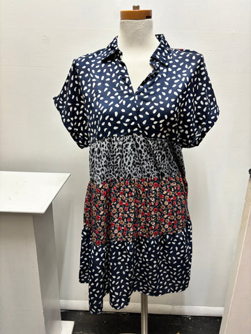 Navy multi-print Umgee USA tiered babydoll dress with a v-neckline and short sleeves -Pre-Loved Kay Kayla