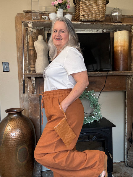 Brown Linen Pants with drawstring and pockets - Zanana