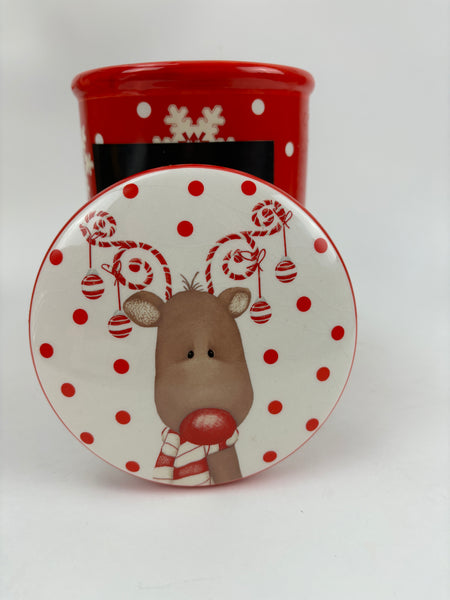 Christmas Canister With Chalkboard: RUDOLPH REINDEER 6.5”x4.75”