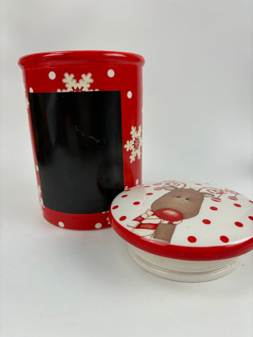 Christmas Canister With Chalkboard: RUDOLPH REINDEER 6.5”x4.75”