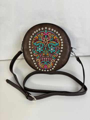 Montana West Sugar Skull Crossbody Purse with embroidered sugar skull design, fringe trim, and adjustable strap in western gothic style.